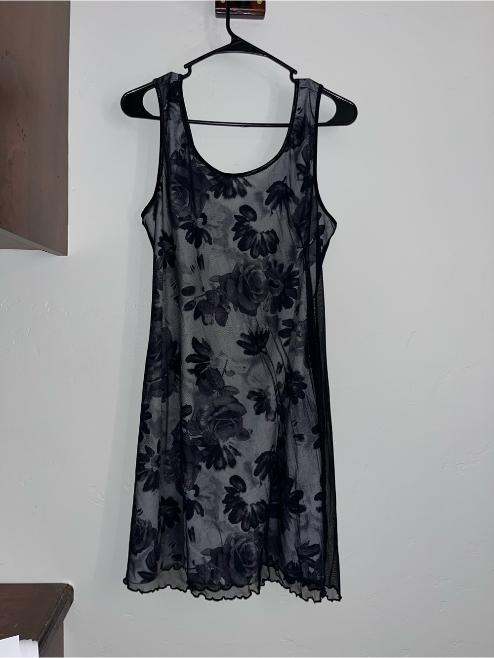 Sheer Floral Mesh Slip Dress - Black